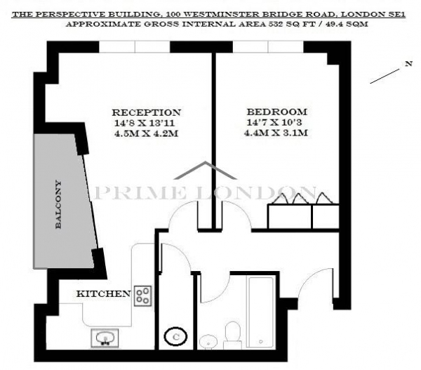 Floor Plan Image for 1 Bedroom Apartment to Rent in The Perspective Building, 100 Westminster Bridge Road, Waterloo