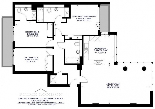 Floor Plan Image for 3 Bedroom Apartment to Rent in Jellicoe House, St George Wharf, Vauxhall