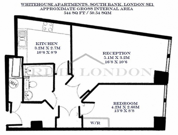 Floor Plan Image for 1 Bedroom Apartment to Rent in Whitehouse Apartments, 9 Belvedere Road, South Bank