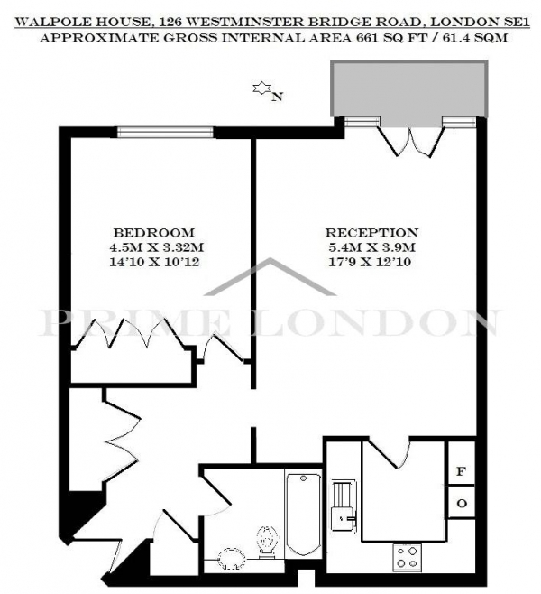 Floor Plan Image for 1 Bedroom Apartment to Rent in Walpole House, 126 Westminster Bridge Road, Waterloo