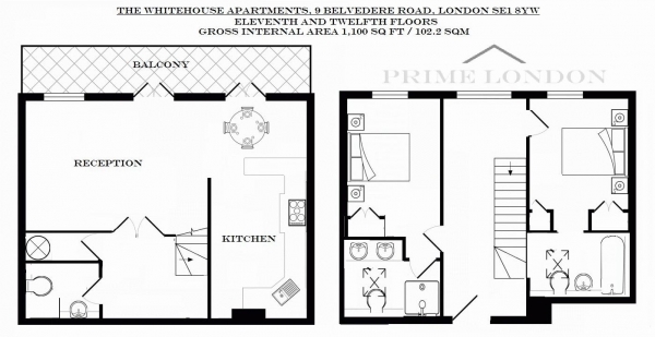 Floor Plan Image for 2 Bedroom Penthouse to Rent in The Whitehouse Apartments, 9 Belvedere Road, South Bank