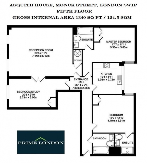 Floor Plan Image for 3 Bedroom Apartment to Rent in Asquith House, Monck Street, Westminster