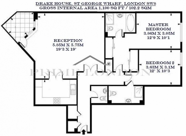 Floor Plan Image for 2 Bedroom Apartment to Rent in Drake House, St George Wharf, London