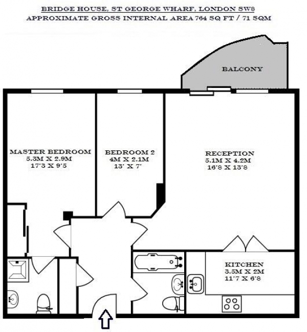 Floor Plan Image for 2 Bedroom Apartment to Rent in Bridge House, St George Wharf, Vauxhall