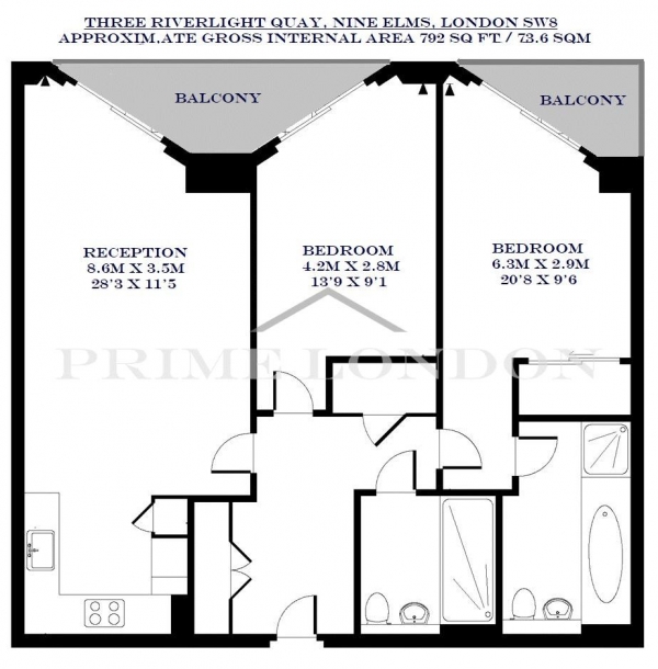 Floor Plan Image for 2 Bedroom Apartment to Rent in Three Riverlight Quay, Nine Elms Lane, Nine Elms