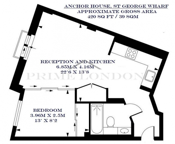 Floor Plan Image for 1 Bedroom Apartment to Rent in Anchor House, St George Wharf, London