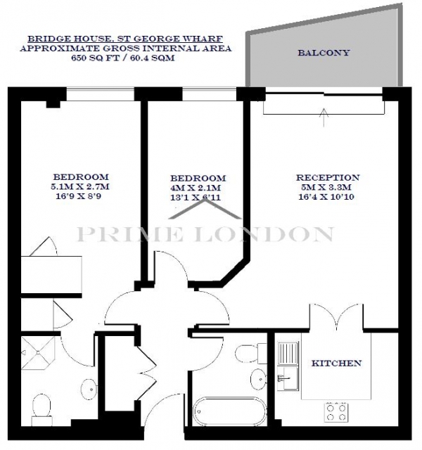 Floor Plan Image for 2 Bedroom Apartment to Rent in Bridge House, St George Wharf, Vauxhall