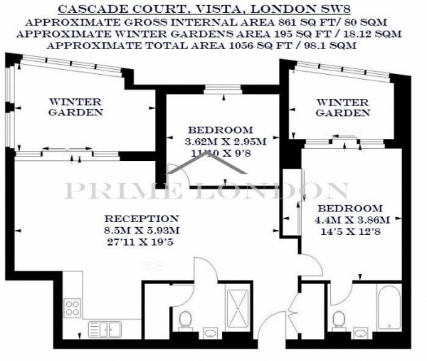 Floor Plan Image for 2 Bedroom Apartment to Rent in Cascade Court, Vista Chelsea Bridge Wharf, London