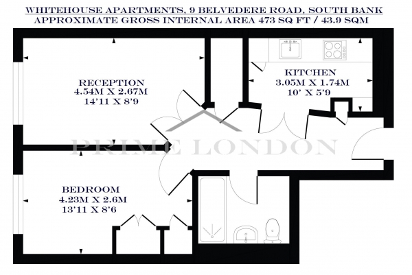 Floor Plan Image for 1 Bedroom Apartment for Sale in Whitehouse Apartments, 9 Belvedere Road, South Bank