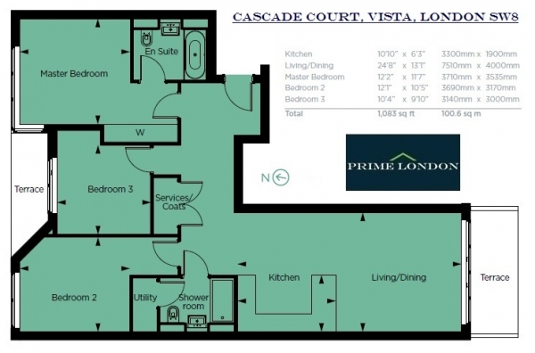 Floor Plan Image for 3 Bedroom Apartment to Rent in Cascade Court, Vista, Chelsea Bridge