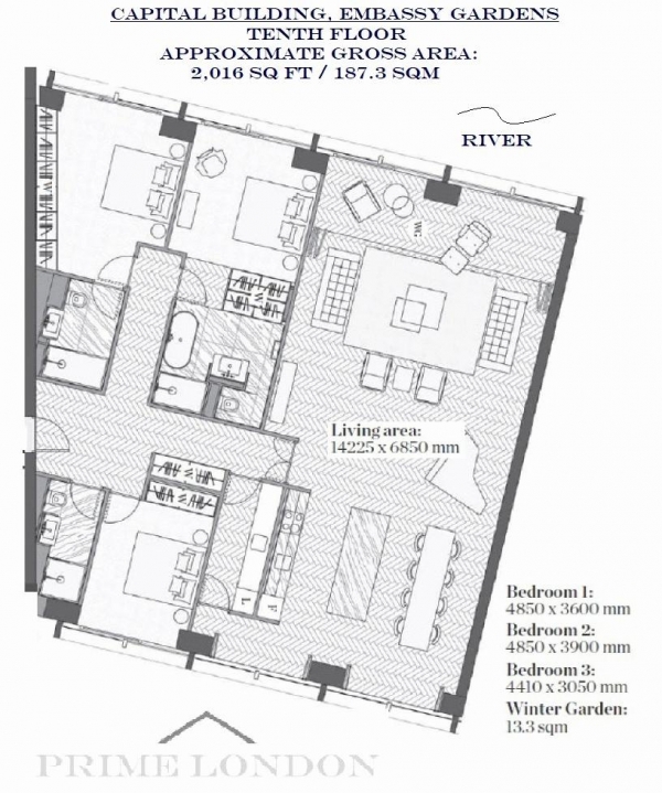 Floor Plan Image for 3 Bedroom Apartment for Sale in Capital Building, Embassy Gardens, Nine Elms