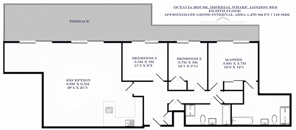 Floor Plan Image for 3 Bedroom Apartment to Rent in Octavia House, Townmead Road, Imperial Wharf
