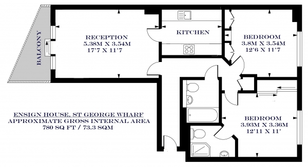 Floor Plan Image for 2 Bedroom Apartment to Rent in Ensign House, St George Wharf, London