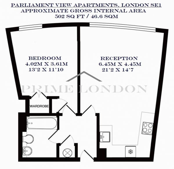 Floor Plan Image for 1 Bedroom Apartment to Rent in Parliament View Apartments, 1 Albert Embankment, London