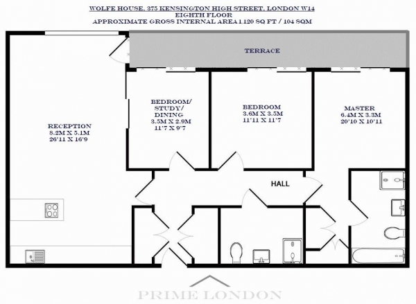 Floor Plan Image for 3 Bedroom Apartment to Rent in Wolfe House, 375 Kensington High Street, Kensington