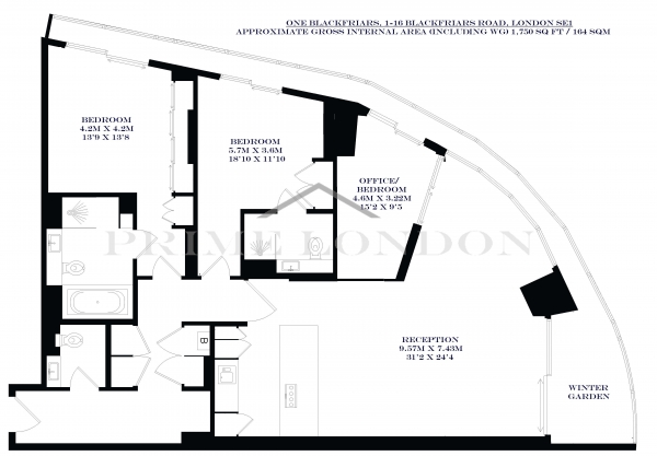 Floor Plan Image for 3 Bedroom Apartment to Rent in One Blackfriars, 1-16 Blackfriars Road, London