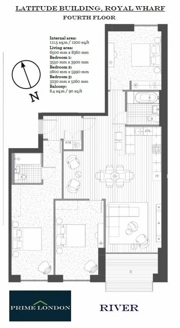 Floor Plan Image for 3 Bedroom Apartment to Rent in Liner House, 3 Royal Wharf Walk, London