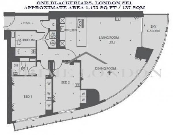 Floor Plan Image for 2 Bedroom Apartment to Rent in One Blackfriars, 1-16 Blackfriars Road, London