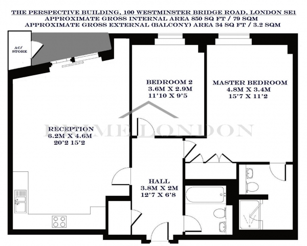 Floor Plan Image for 2 Bedroom Apartment to Rent in The Perspective Building, 100 Westminster Bridge Road, Waterloo