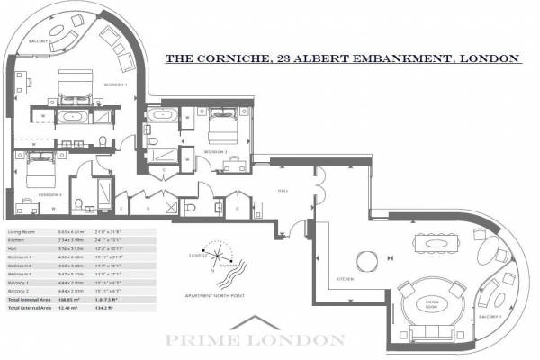 Floor Plan Image for 3 Bedroom Apartment for Sale in The Corniche, 23 Albert Embankment, South Bank