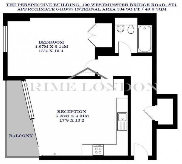 Floor Plan Image for 1 Bedroom Apartment to Rent in The Perspective Building, 100 Westminster Bridge Road, Waterloo