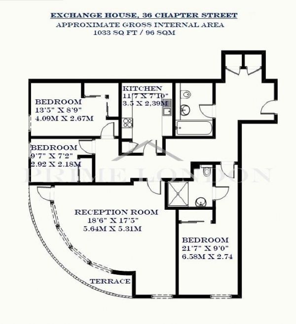 Floor Plan Image for 3 Bedroom Apartment to Rent in Exchange House, 36 Chapter Street, Pimlico