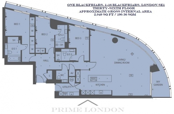 Floor Plan Image for 3 Bedroom Apartment for Sale in One Blackfriars, 1-16 Blackfriars Road, London