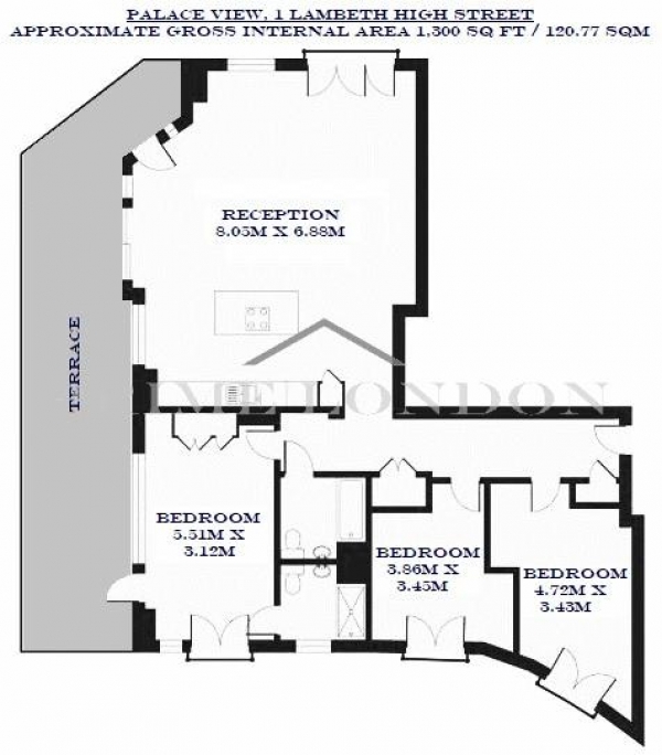 Floor Plan Image for 3 Bedroom Apartment to Rent in Palace View, 1 Lambeth High Street, London