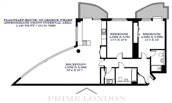 Floor Plan Image for 2 Bedroom Apartment to Rent in Flagstaff House, St George Wharf, Vauxhall