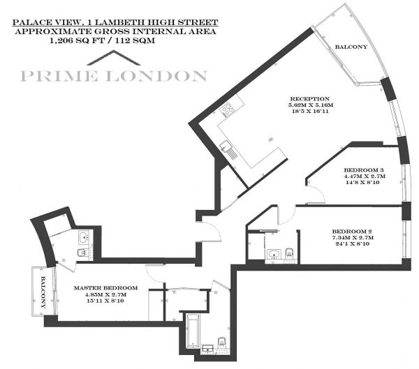 Floor Plan Image for 3 Bedroom Apartment for Sale in Palace View, 1 Lambeth High Street, London