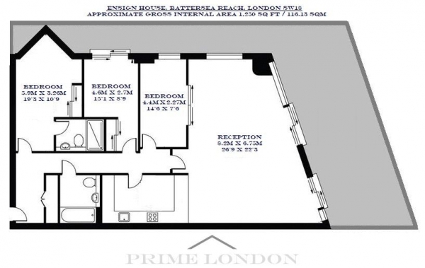 Floor Plan Image for 3 Bedroom Apartment to Rent in Ensign House, Battersea Reach, London