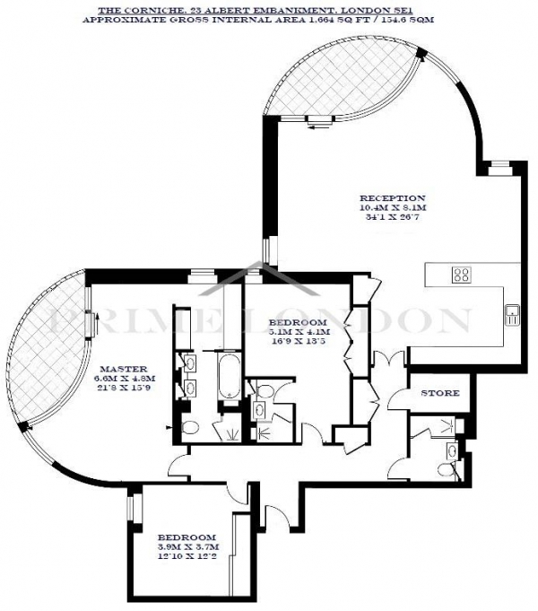 Floor Plan Image for 3 Bedroom Apartment to Rent in The Corniche, 23 Albert Embankment, London