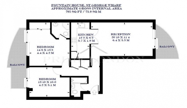 Floor Plan Image for 2 Bedroom Apartment to Rent in Fountain House, St. George Wharf, London