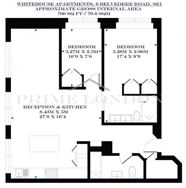 Floor Plan Image for 2 Bedroom Apartment to Rent in Whitehouse Apartments, 9 Belvedere Road, South Bank