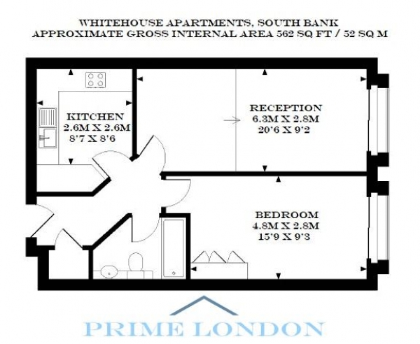 Floor Plan Image for 1 Bedroom Apartment to Rent in Whitehouse Apartments, Belvedere Road, South Bank