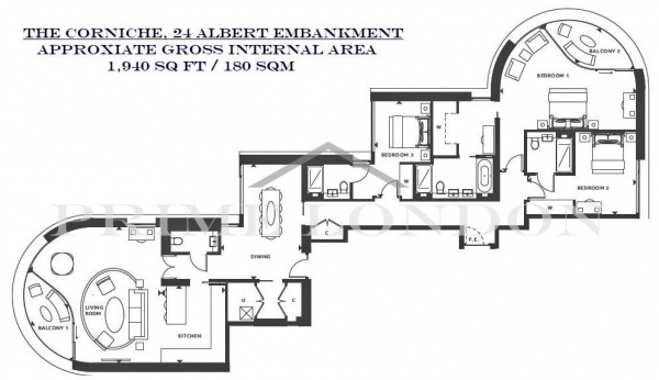 Floor Plan Image for 3 Bedroom Apartment to Rent in The Corniche, 24 Albert Embankment, London