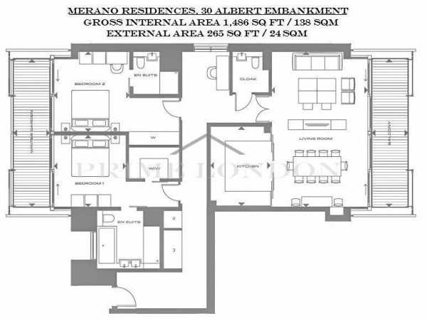 Floor Plan Image for 2 Bedroom Apartment for Sale in Merano Residences, 30 Albert Embankment, London