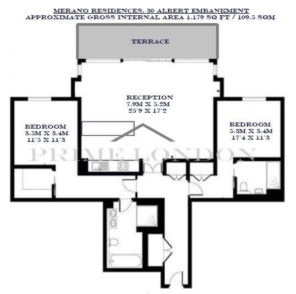 Floor Plan Image for 2 Bedroom Apartment to Rent in Merano Residences, 30 Albert Embankment, London