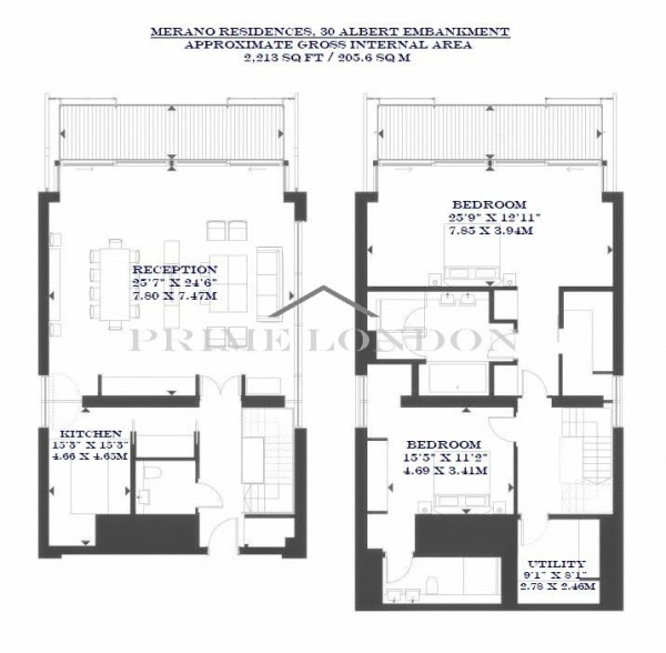 Floor Plan Image for 2 Bedroom Penthouse to Rent in Merano Residences, 30 Albert Embankment, London