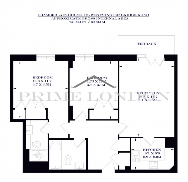 Floor Plan Image for 2 Bedroom Apartment to Rent in Chamberlain House, 126 Westminster Bridge Road, Waterloo