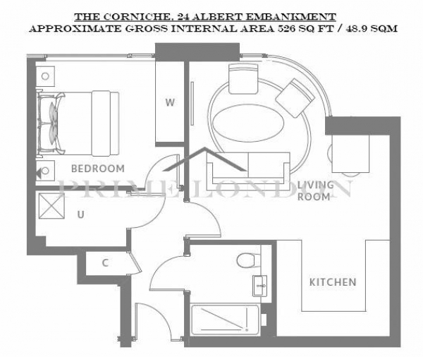 Floor Plan Image for 1 Bedroom Apartment to Rent in The Corniche, 24 Albert Embankment, London