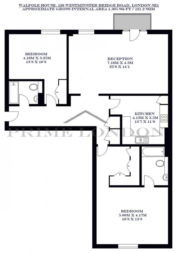 Floor Plan Image for 2 Bedroom Apartment to Rent in Walpole House, Westminster Square, Waterloo