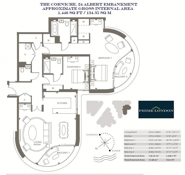 Floor Plan Image for 2 Bedroom Apartment to Rent in The Corniche, 24 Albert Embankment, London