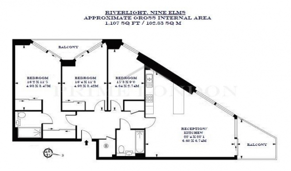 Floor Plan for 3 Bedroom Apartment to Rent in Four Riverlight Quay, Nine Elms, London, SW11, 8DW - £1150  pw | £4983 pcm