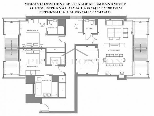 Floor Plan Image for 2 Bedroom Apartment to Rent in Merano Residences, 30 Albert Embankment, London