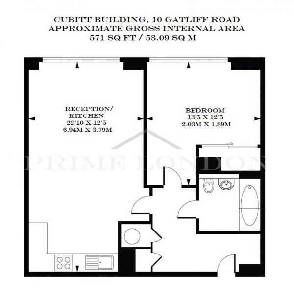 Floor Plan Image for 1 Bedroom Apartment to Rent in Cubitt Building, Grosvenor Waterside, Chelsea