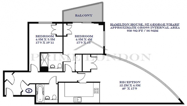 Floor Plan Image for 2 Bedroom Apartment to Rent in Hamilton House, St George Wharf, Vauxhall