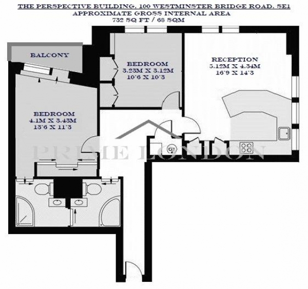 Floor Plan Image for 2 Bedroom Apartment to Rent in The Perspective Building, 100 Westminster Bridge Road, Waterloo