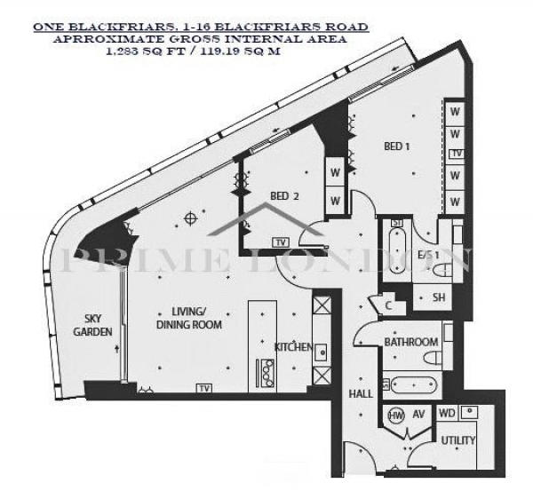 Floor Plan Image for 2 Bedroom Apartment to Rent in One Blackfriars, 1-16 Blackfriars Road, London