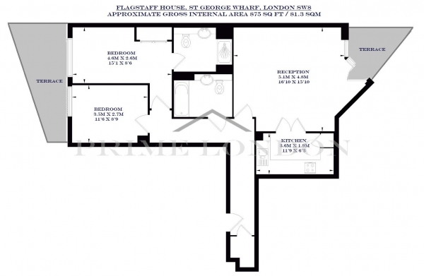 Floor Plan Image for 2 Bedroom Apartment to Rent in Flagstaff House, St George Wharf, London